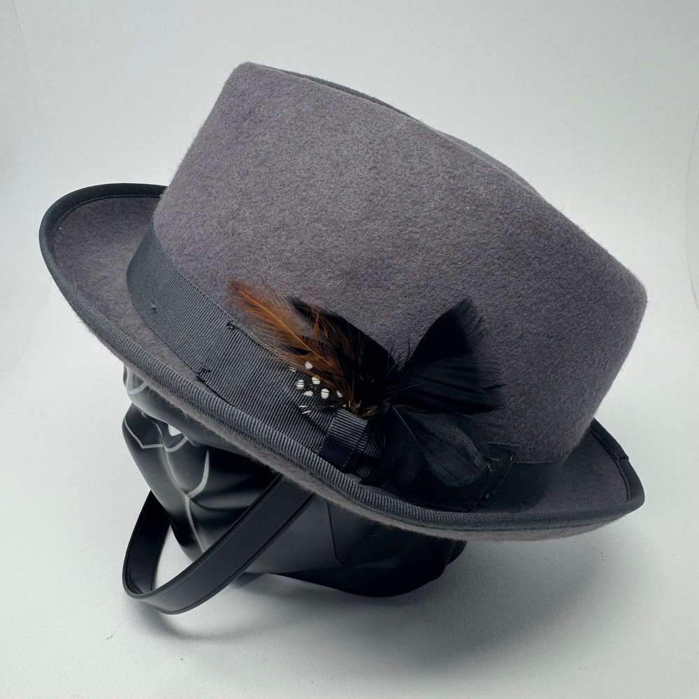 Milani Mens‎ XL Grey 100% Wool Fedora Hat with Feather Detail and Grosgrain Band